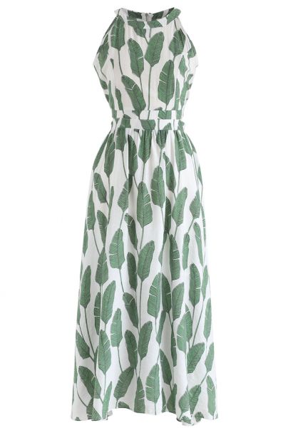 فستان صيفي طويل بياقة رسن وطبعة أوراق النخيل باللون الأخضر