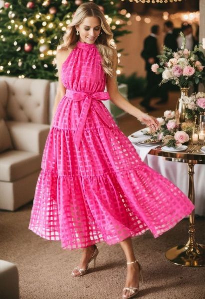 تحقق من فستان ماكسي برباط على الخصر ورباط حول الرقبة باللون الوردي الفاتح