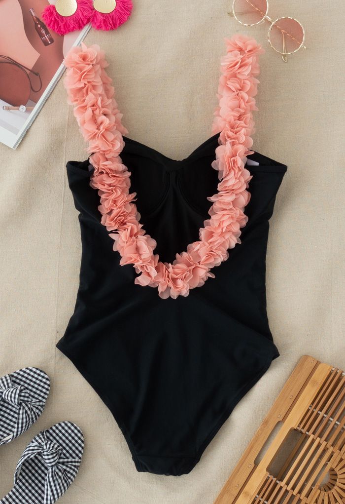 ملابس السباحة ثلاثية الأبعاد بأشرطة الأزهار مغرفة الظهر باللون الأسود