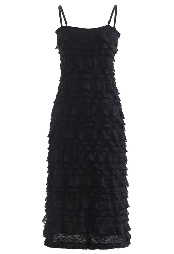 فستان متوسط الطول منسوج بحمالات متدرجة باللون الأسود