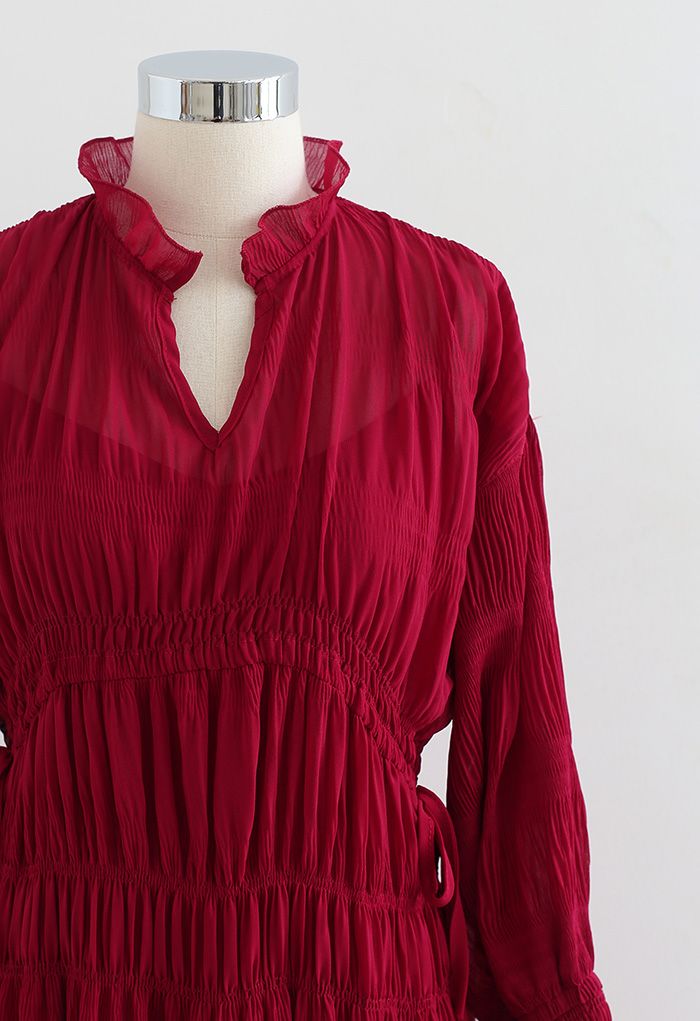 فستان شيفون برباط جانبي بكتف كامل باللون الأحمر