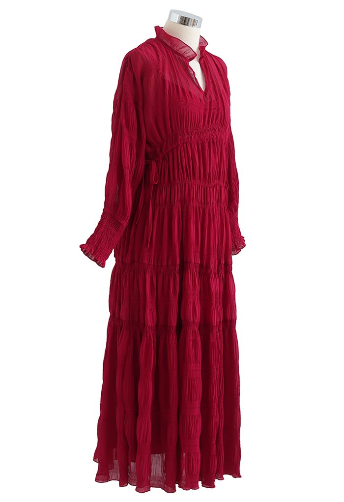 فستان شيفون برباط جانبي بكتف كامل باللون الأحمر