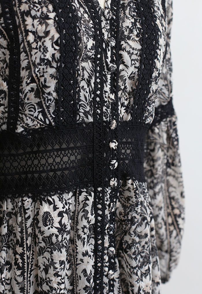 أسود - فستان ماكسي مزين بالورود من الجاكار والكروشيه