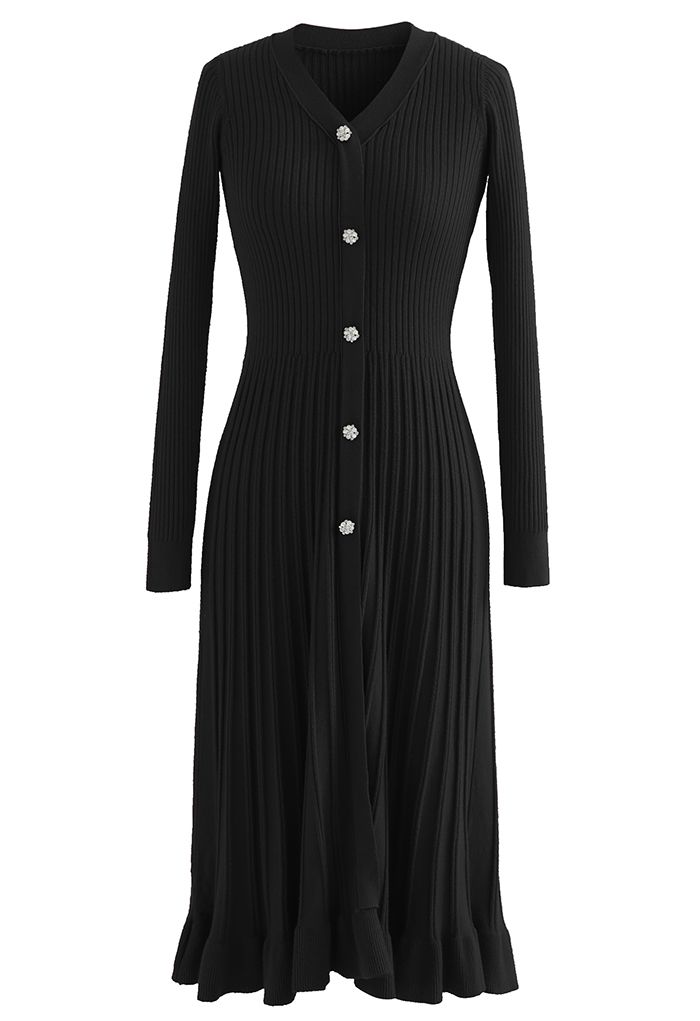 فستان متوسط الطول منسوج بأزرار أمامية ومضلع باللون الأسود