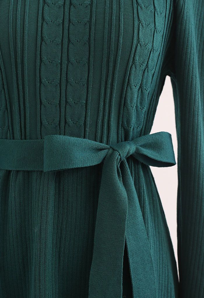 فستان متوسط الطول بأكمام جيغوت منسوجة جديلة باللون الأخضر الداكن