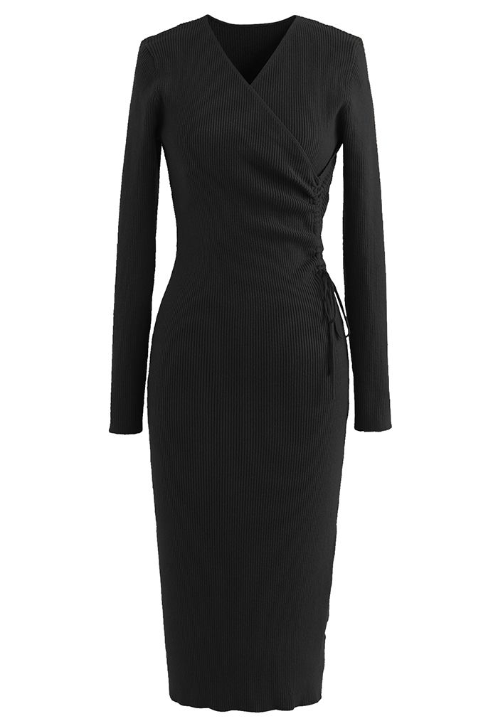 فستان متوسط الطول برباط حول الخصر ملفوف باللون الأسود