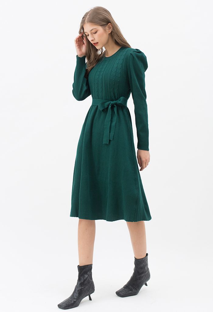 فستان متوسط الطول بأكمام جيغوت منسوجة جديلة باللون الأخضر الداكن