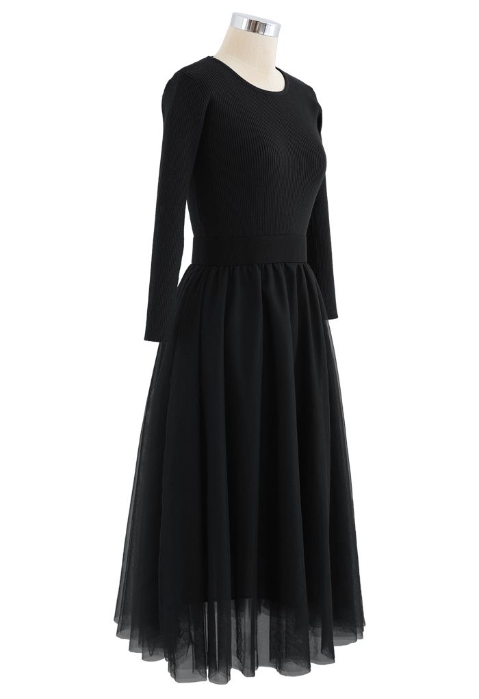 فستان شبكي منسوج بخصر مطاطي باللون الأسود