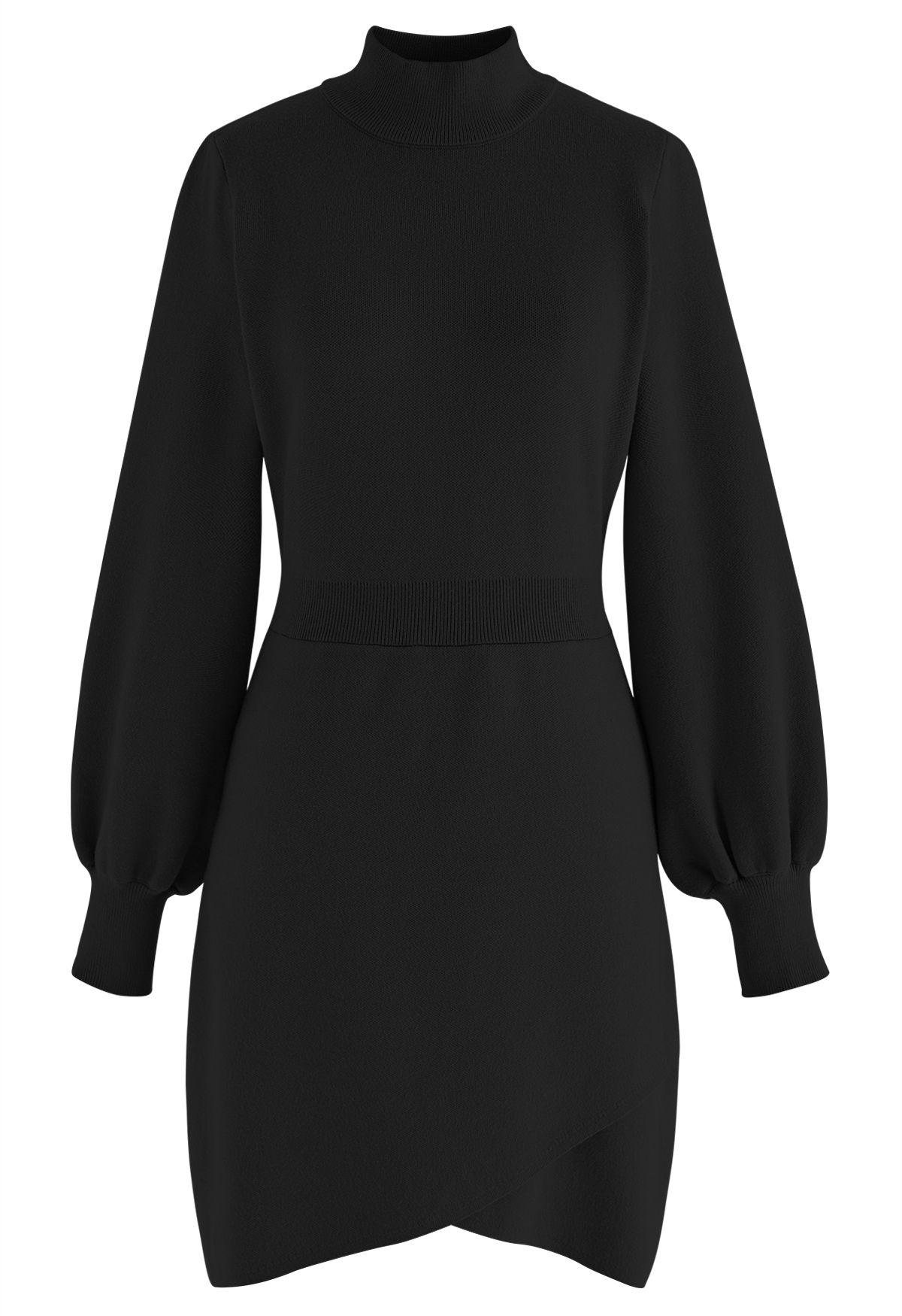 فستان ميدي منسوج بحاشية متقاطعة برقبة وهمية باللون الأسود