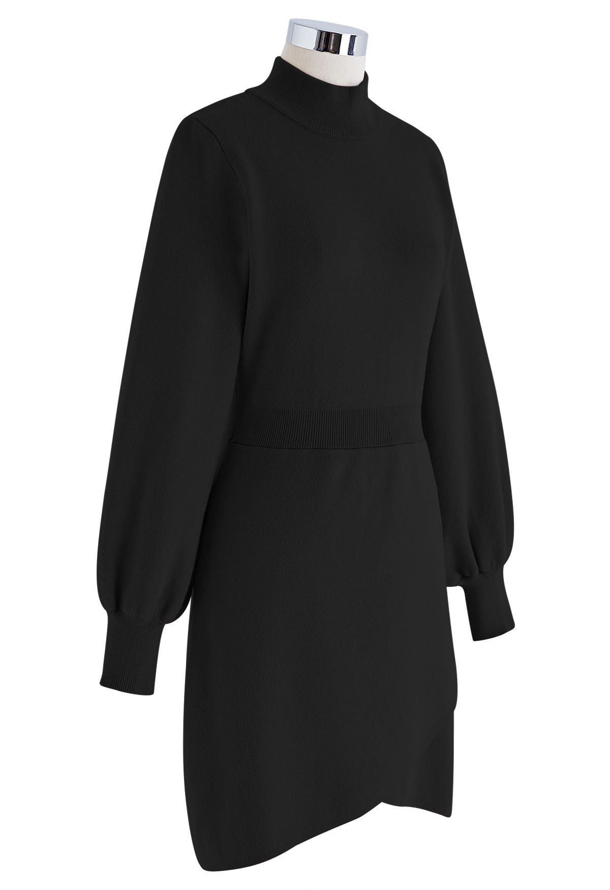 فستان ميدي منسوج بحاشية متقاطعة برقبة وهمية باللون الأسود