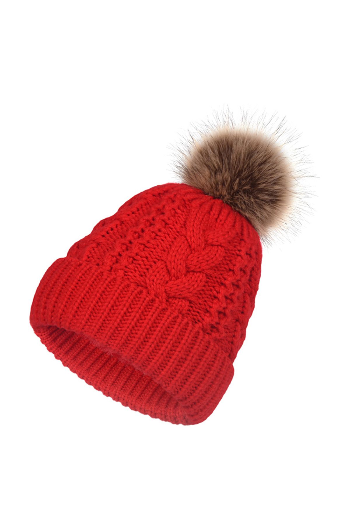 قبعة بوم بوم مزينة بضفيرة متماسكة باللون الأحمر