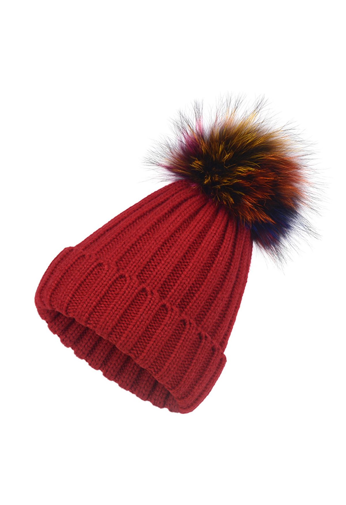 قبعة صغيرة ملونة مزخرفة بوم بوم باللون الأحمر