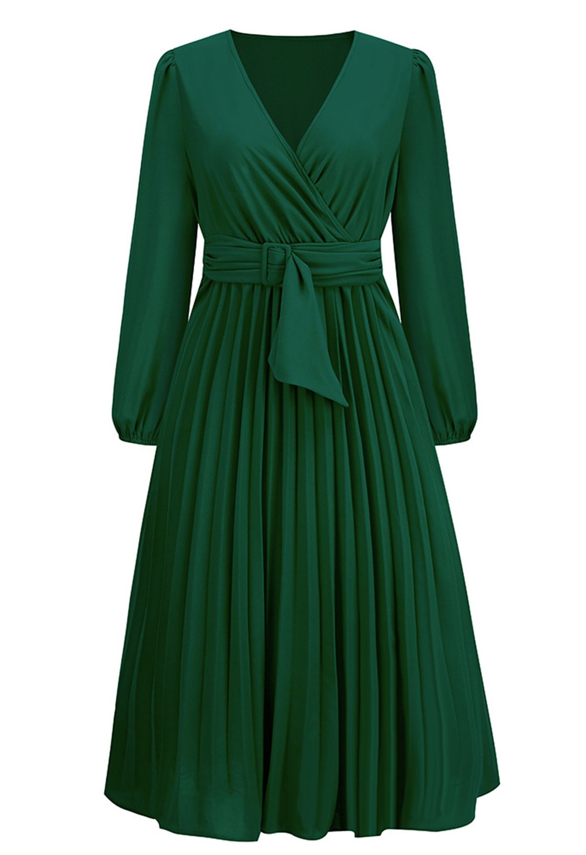 فستان بتصميم ملفوف من الأمام مع حزام بمشبك باللون الأخضر الداكن