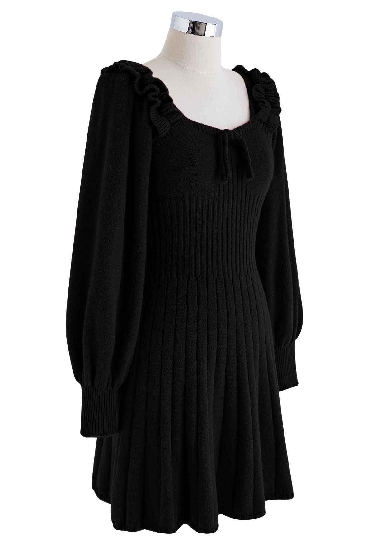 فستان قصير منسوج بربطة عنق مغرفة باللون الأسود
