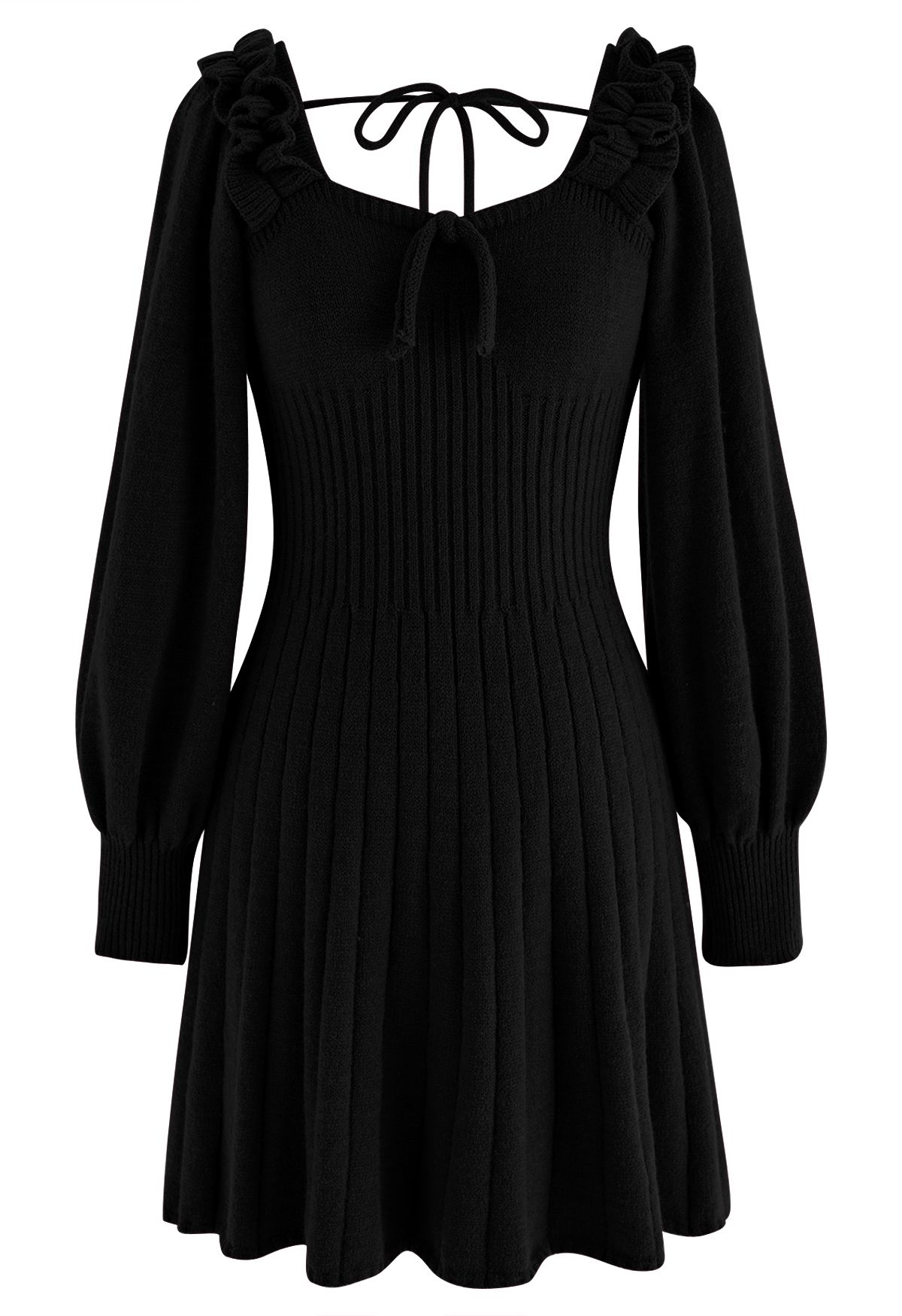 فستان قصير منسوج بربطة عنق مغرفة باللون الأسود