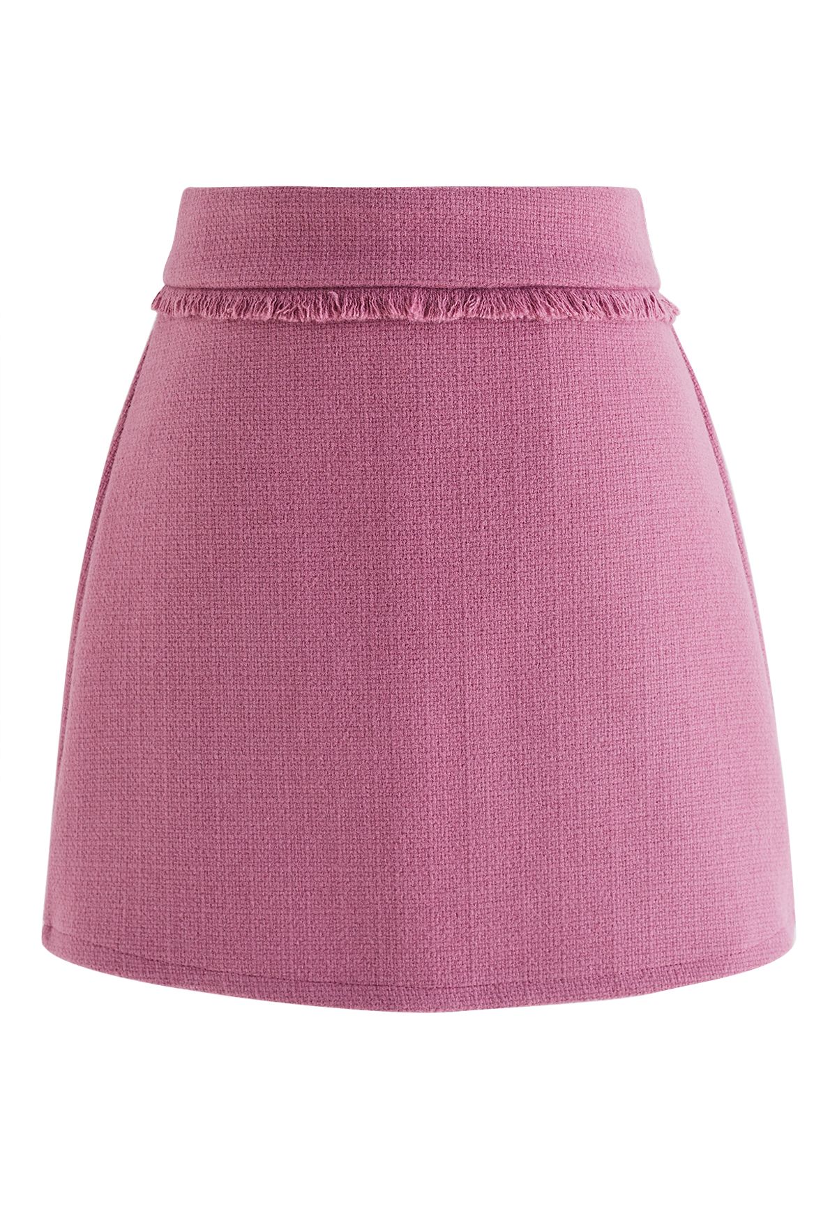 تنورة قصيرة مزينة بشراشيب من التويد باللون الوردي