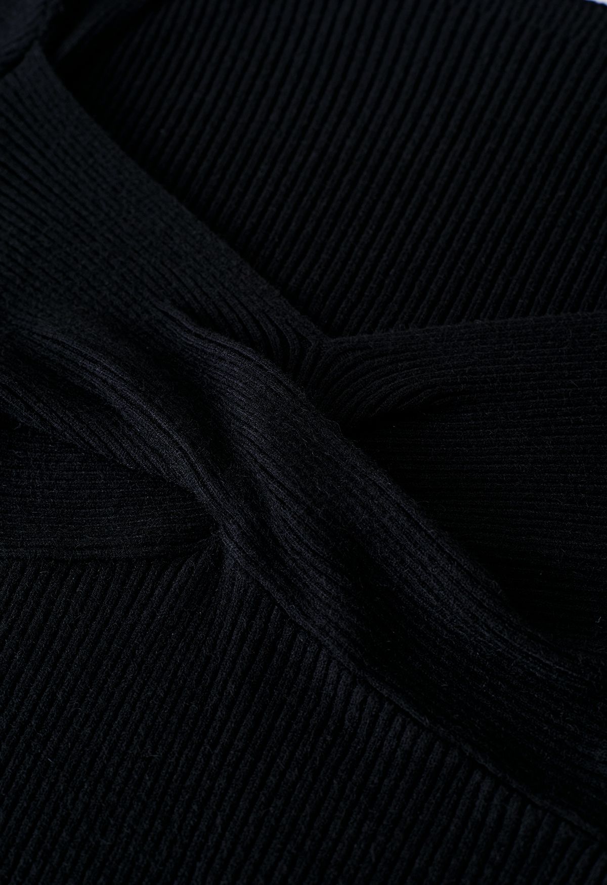 بلوزة محبوكة مضلعة أمامية بتصميم سويت هارت باللون الأسود