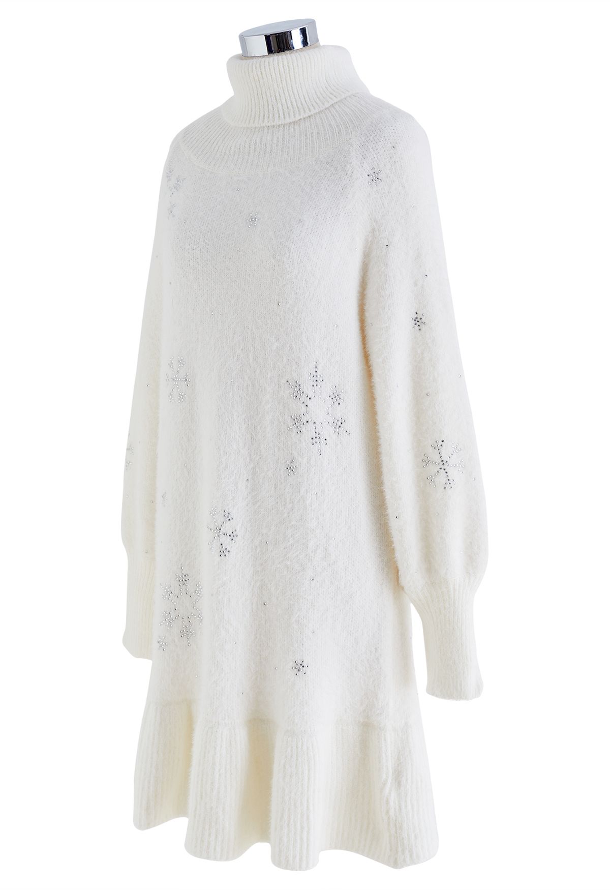 حجر الراين Snowflake الياقة المدورة فستان محبوك باللون الأبيض