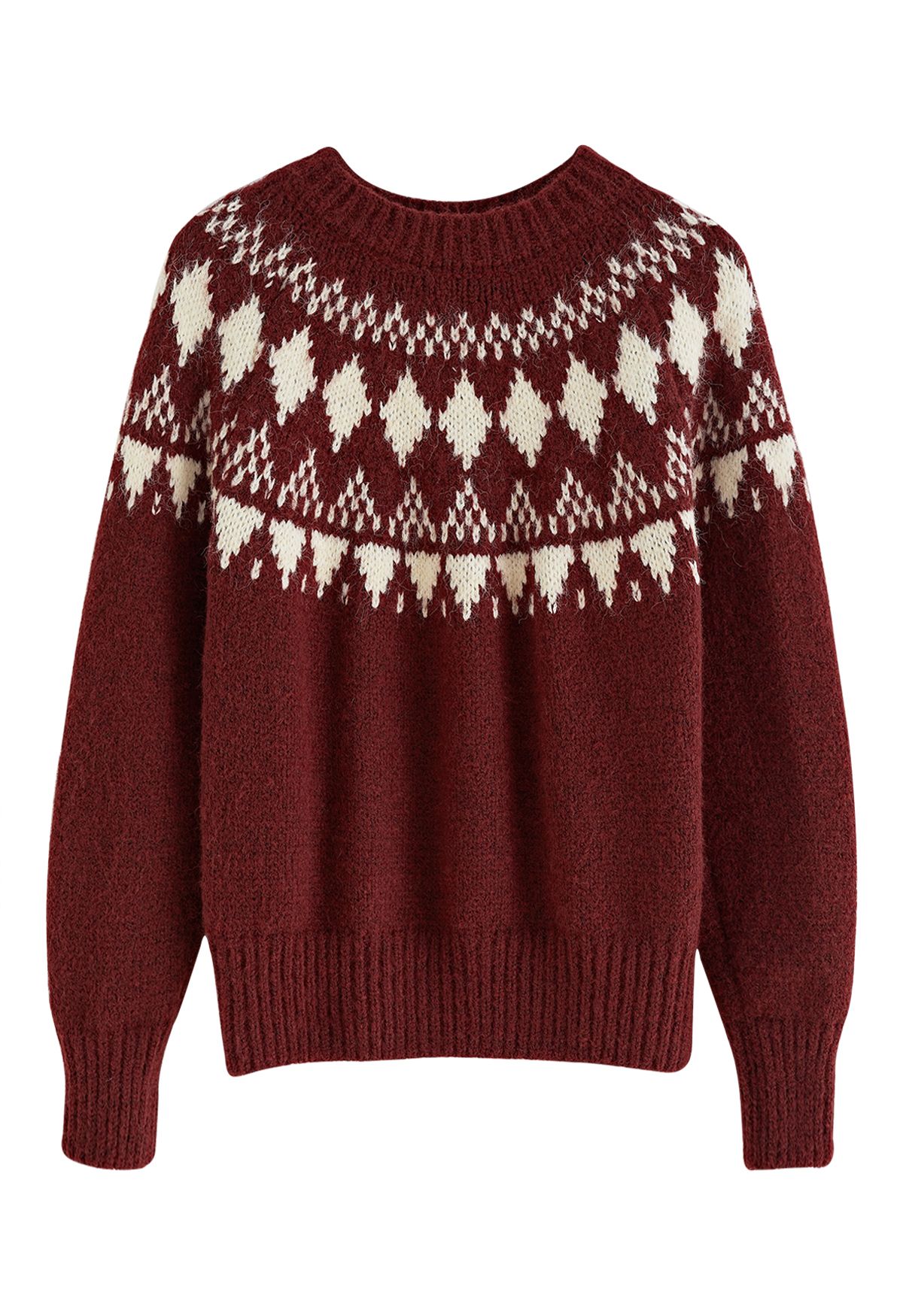 Fair Isle Jacquard Chunky Knit Sweater باللون العنابي