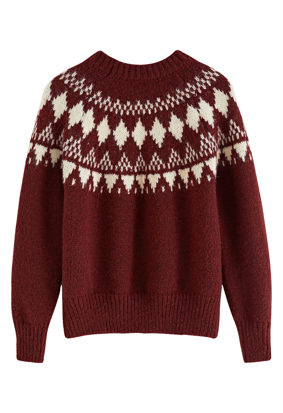 Fair Isle Jacquard Chunky Knit Sweater باللون العنابي