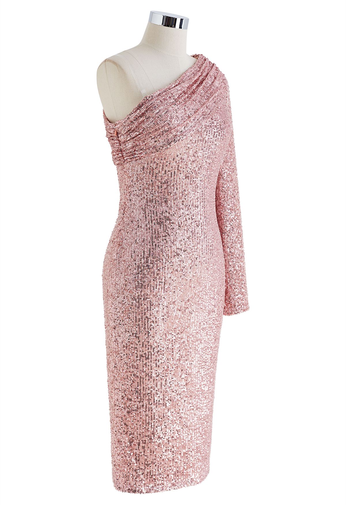 فستان كوكتيل بكتف مائل مزين بالترتر باللون الوردي