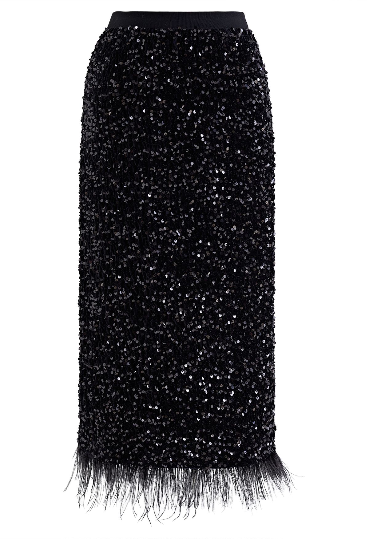 تنورة قلم رصاص مخملية مطرزة بالريش باللون الأسود
