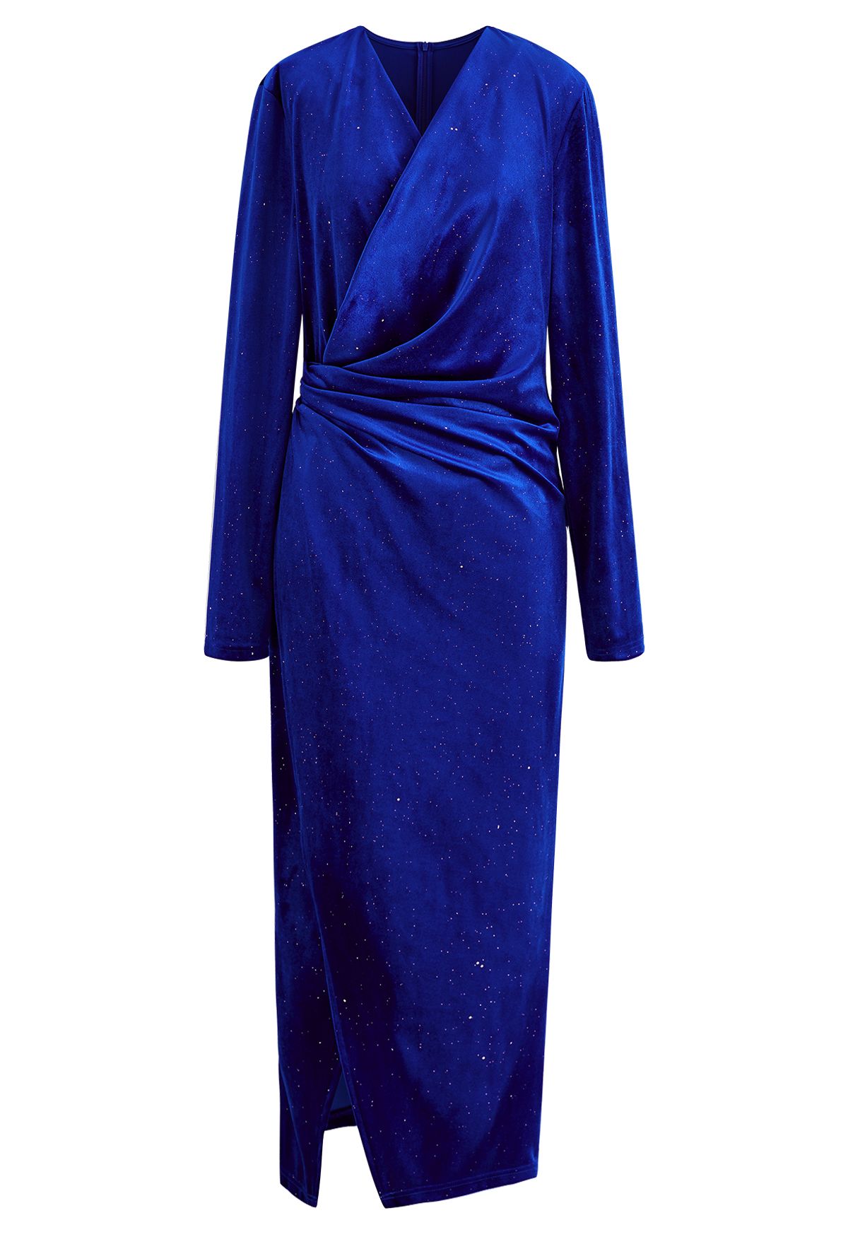 فستان متوسط الطول ملفوف من المخمل اللامع باللون الأزرق