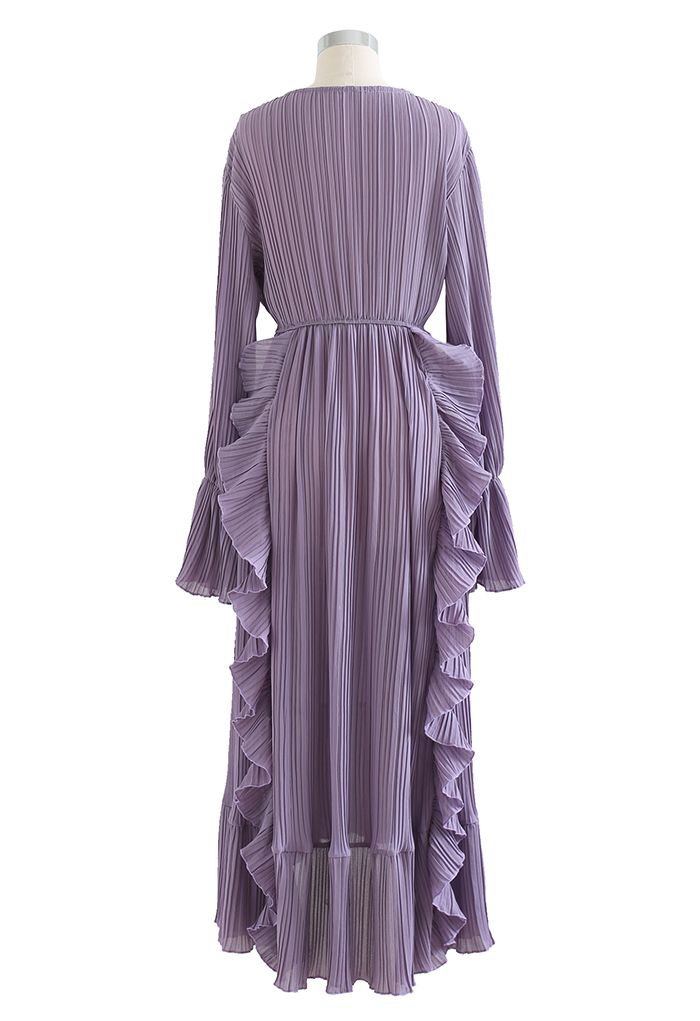 فستان ماكسي شيفون بكشكشة غير متماثلة وطيات غير متماثل في أرجواني