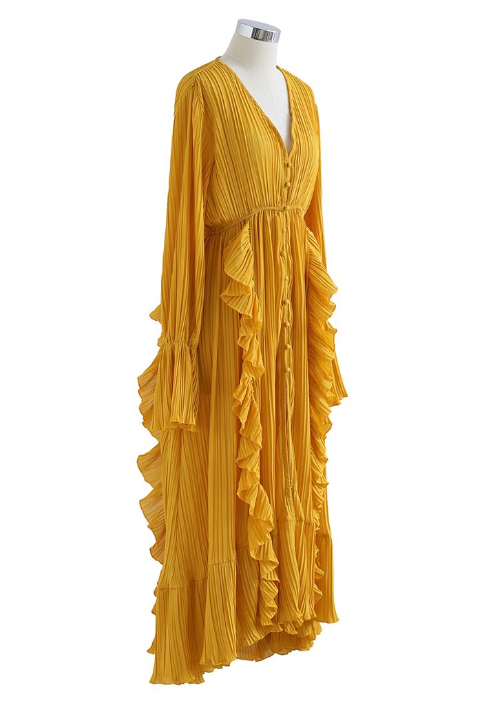 فستان ماكسي شيفون بكشكشة غير متماثلة وطيات غير متماثل من الخردل