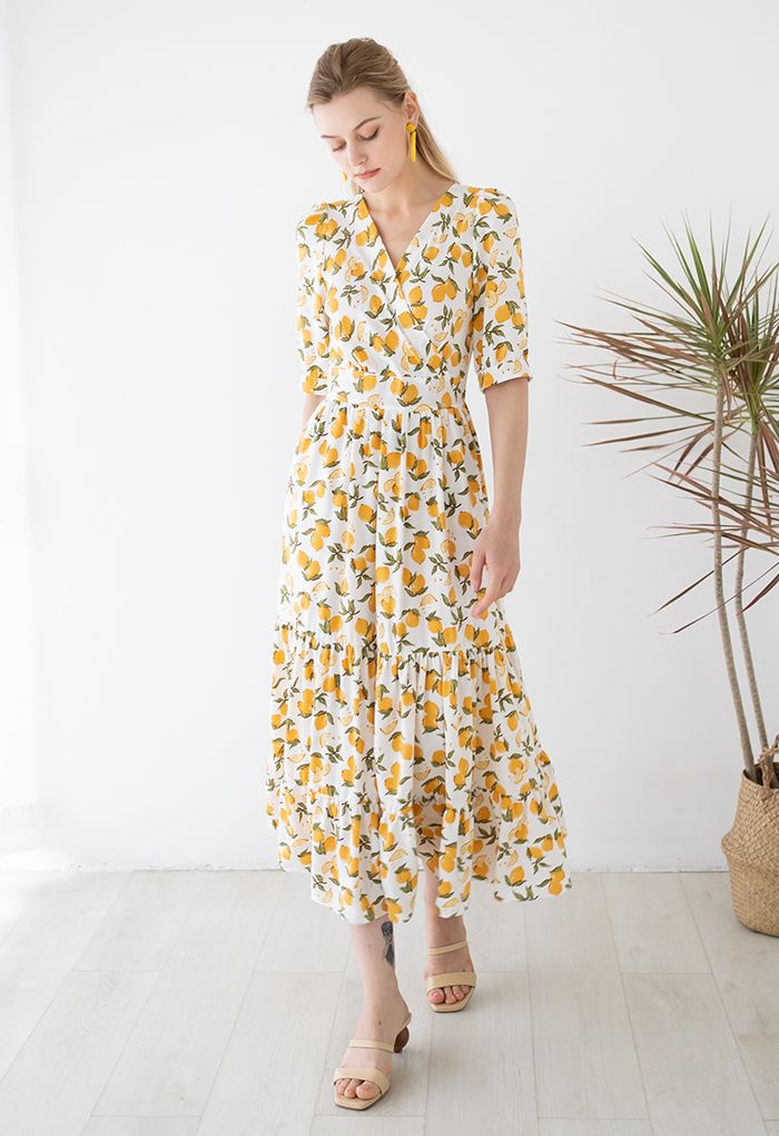 فستان صيفي مكشكش بطبعة الليمون