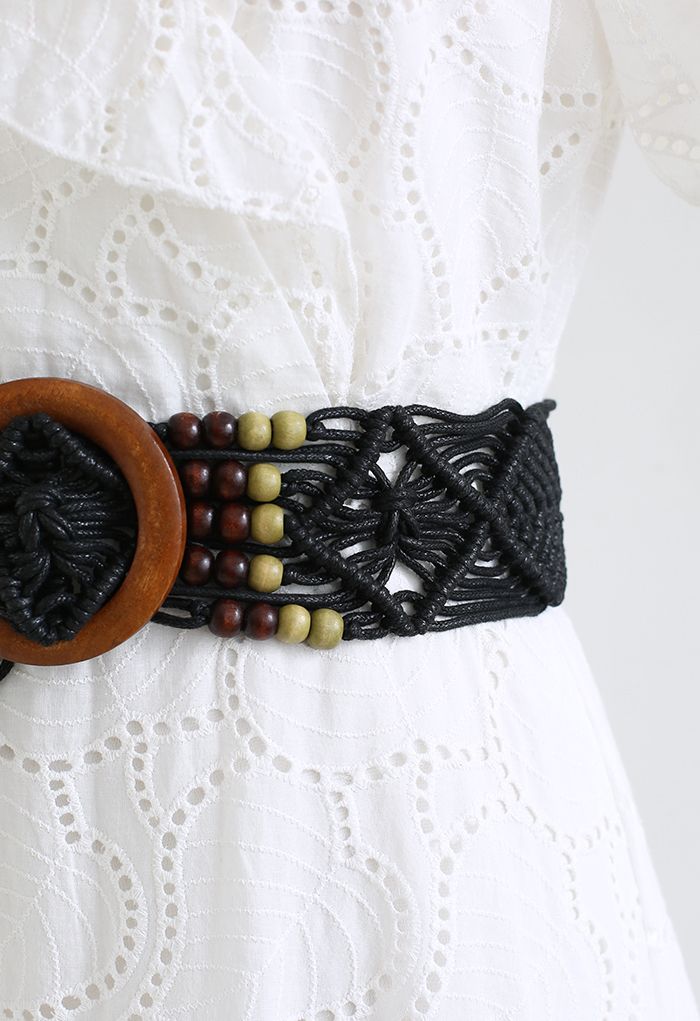 حزام منسوج من الخرز الخشبي باللون الأسود