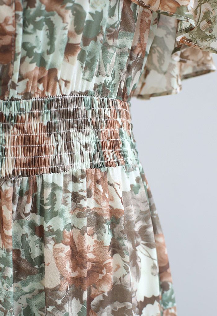فستان ماكسي شيفون ألوان مائية بكتف كيب في زيتي