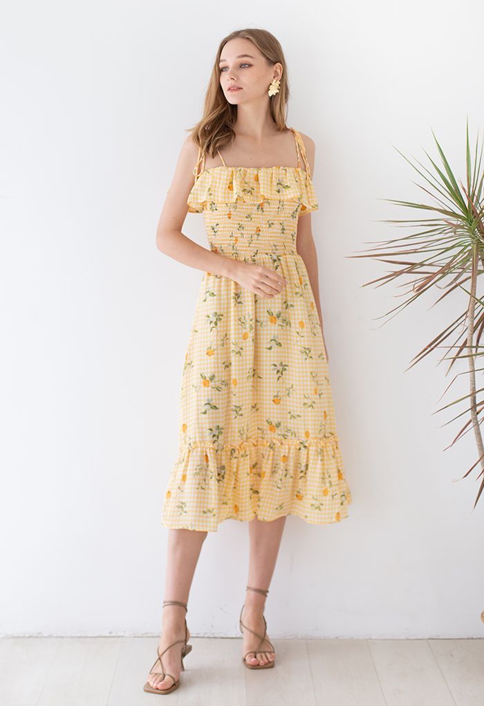 فستان متوسط الطول بطبعة الليمون والقطن