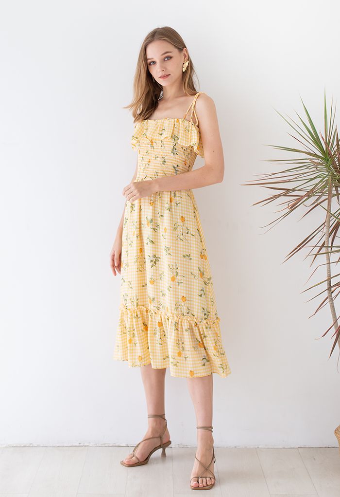 فستان متوسط الطول بطبعة الليمون والقطن
