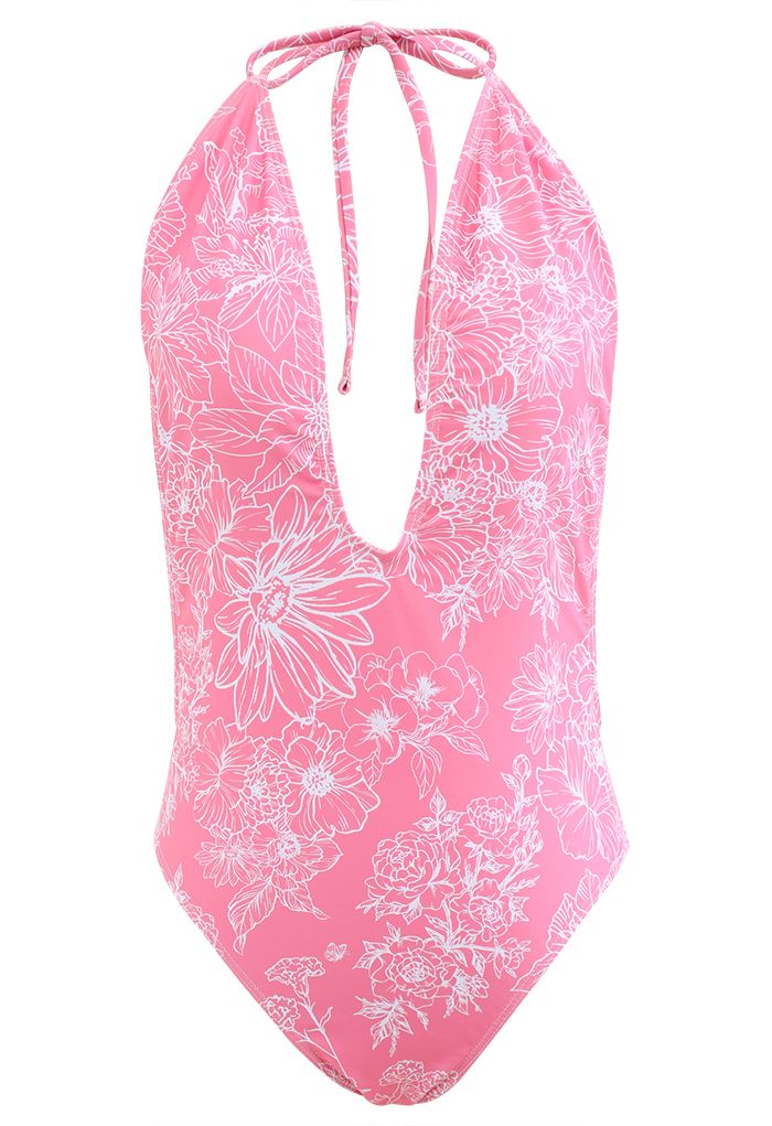 الأزهار رسم ملابس السباحة مفتوحة الظهر باللون الوردي
