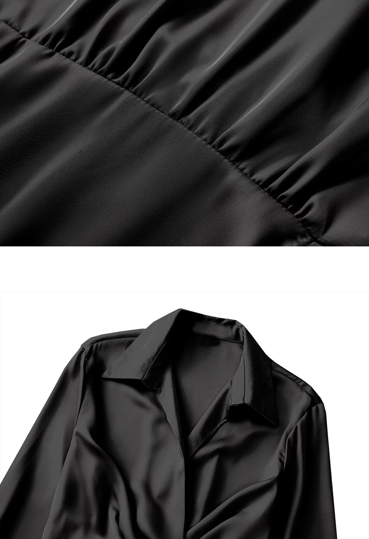 فستان من الساتان مكشكش بفتحة رقبة على شكل V باللون الأسود