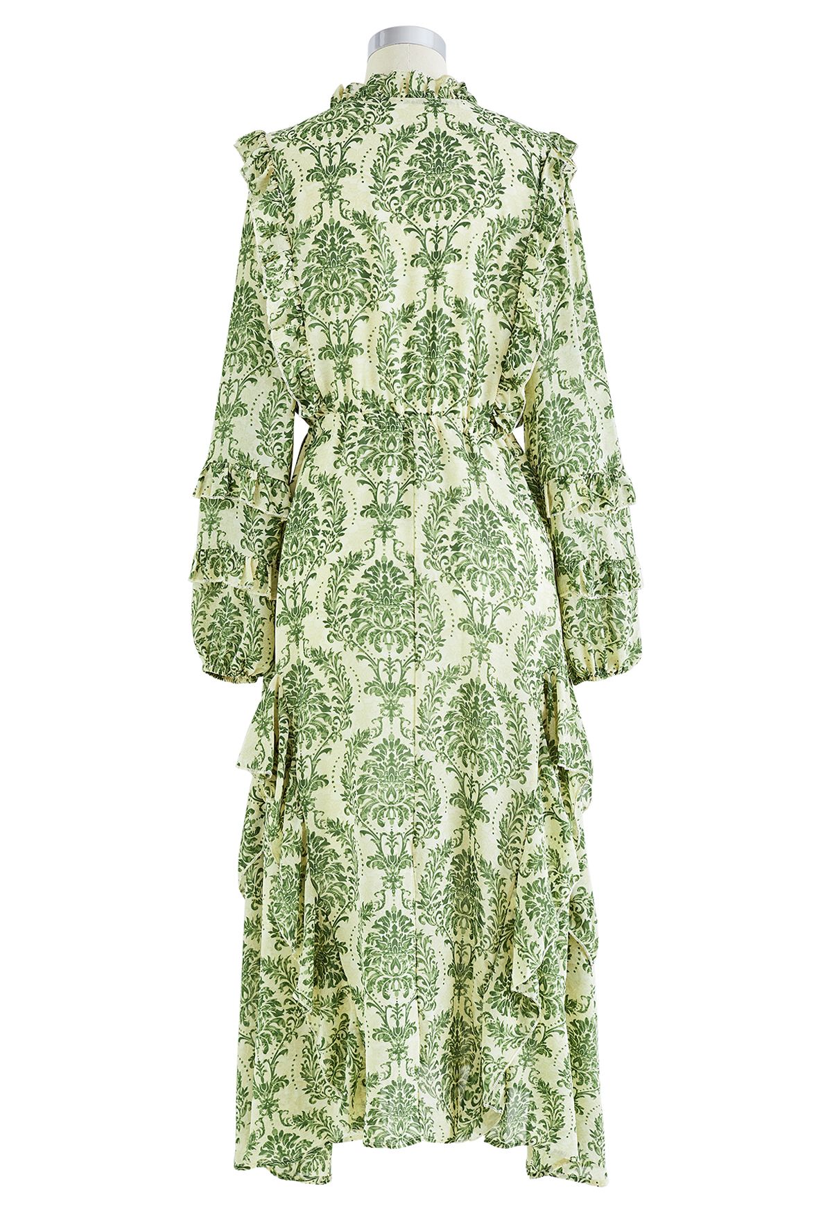 فستان شيفون أنيق مكشكش مزين بالورود ورباط على الخصر باللون الأخضر