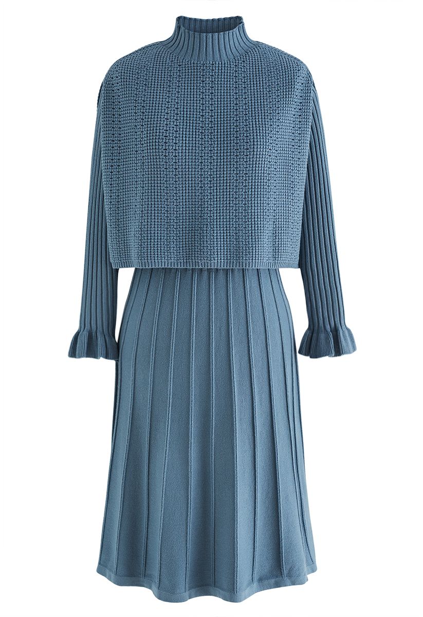 فستان توينسيت محبوك بياقة زخرفية بطيات باللون الأزرق المخضر