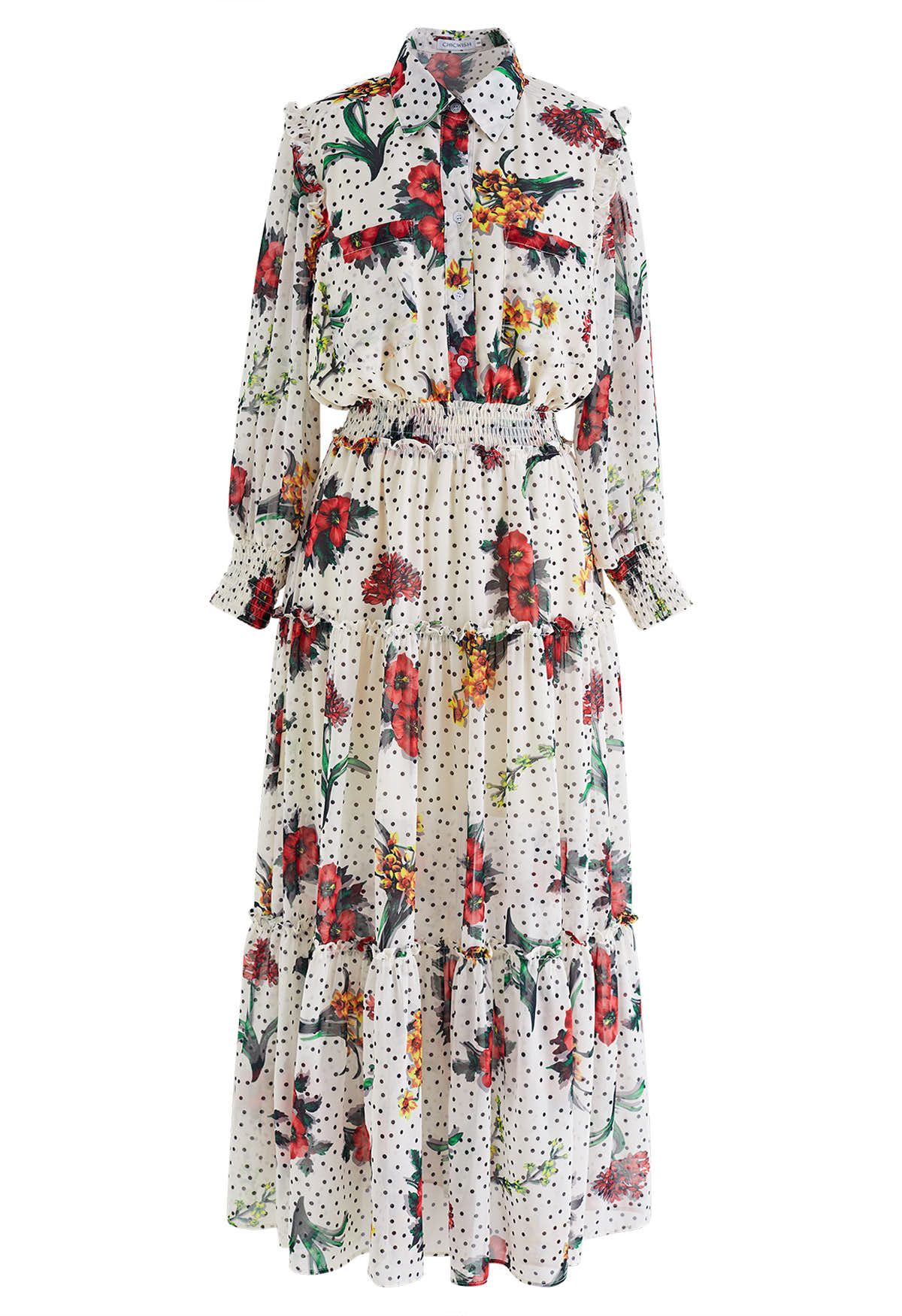فستان ماكسي شيفون بنقشة زهور منقطة
