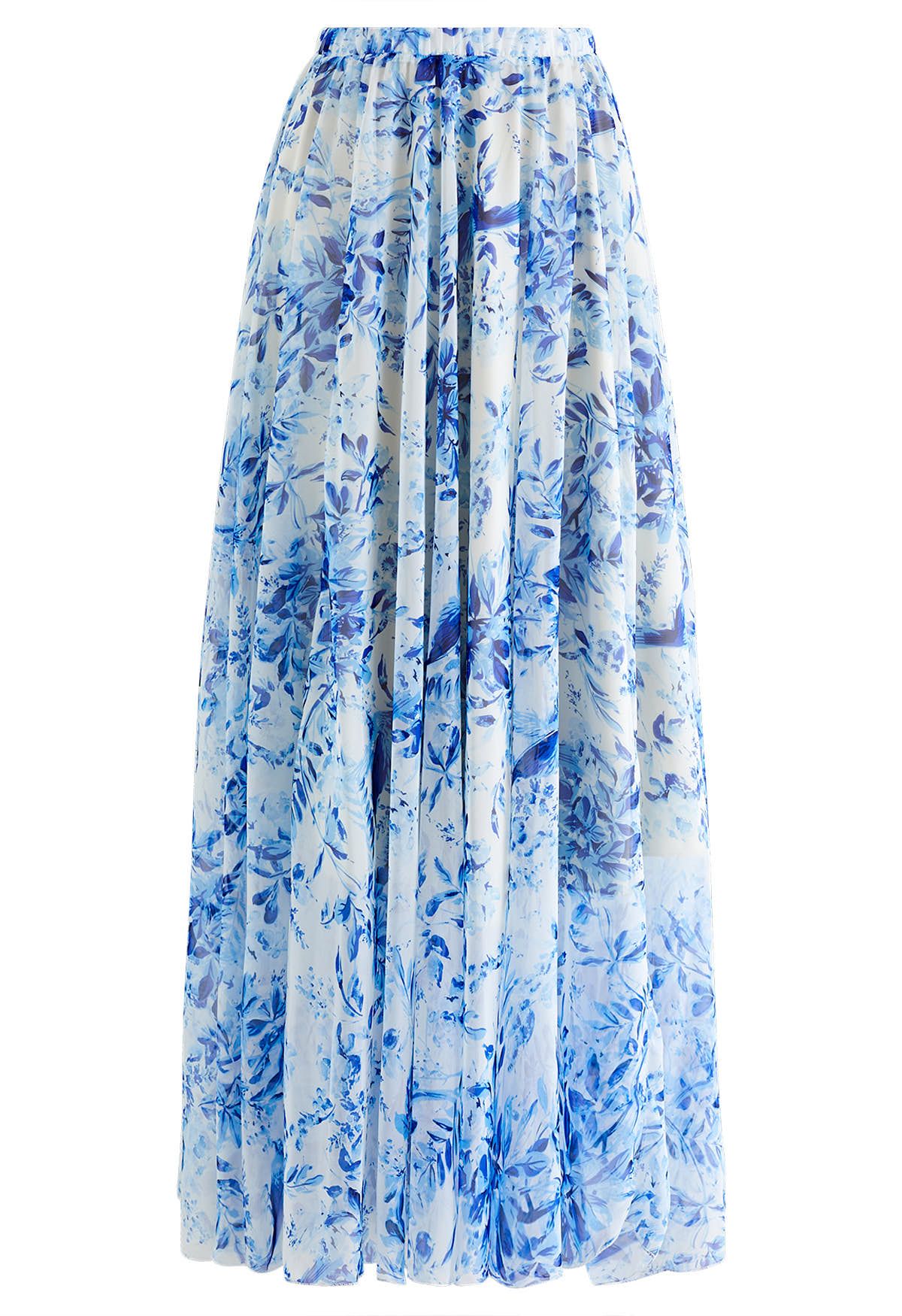 تنورة ماكسي شيفون بطبعات سمر فورست باللون الأزرق