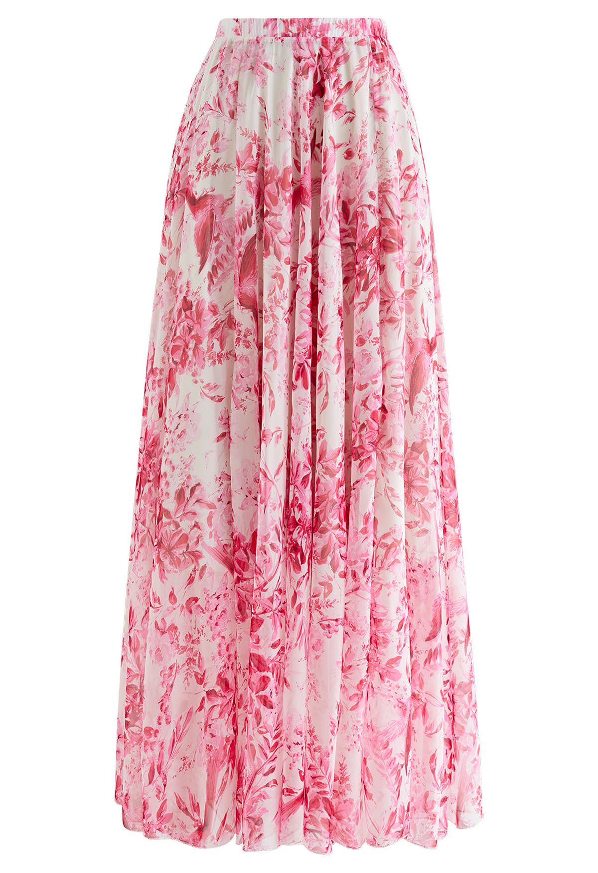تنورة شيفون طويلة بطبعات سمر فورست باللون الوردي