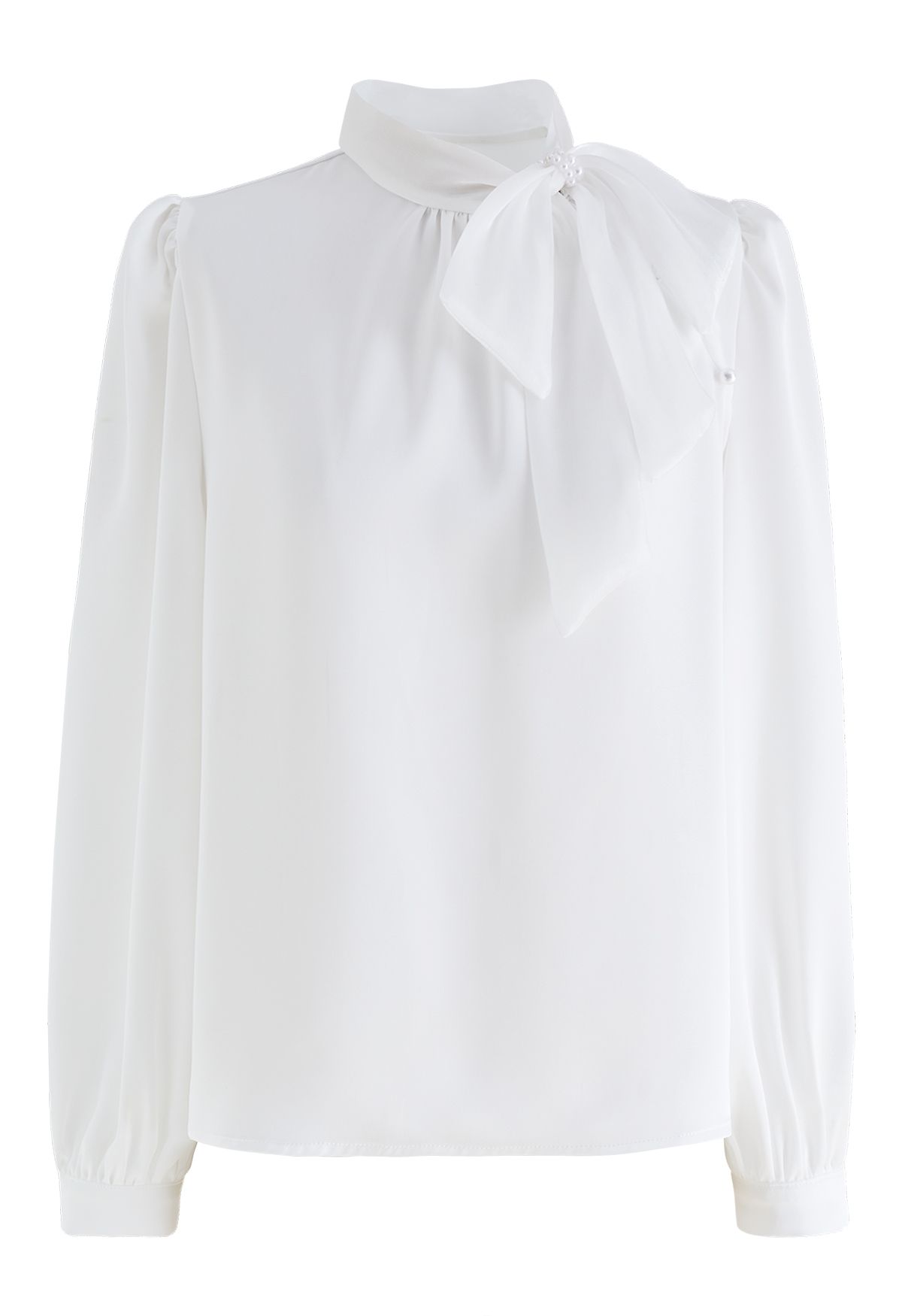 قميص ساتان من الأورجانزا بعقدة اللؤلؤ باللون الأبيض