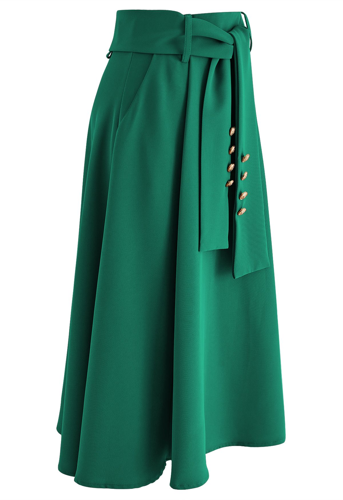 تنورة متوسطة الطول بأزرار وحزام باللون الأخضر