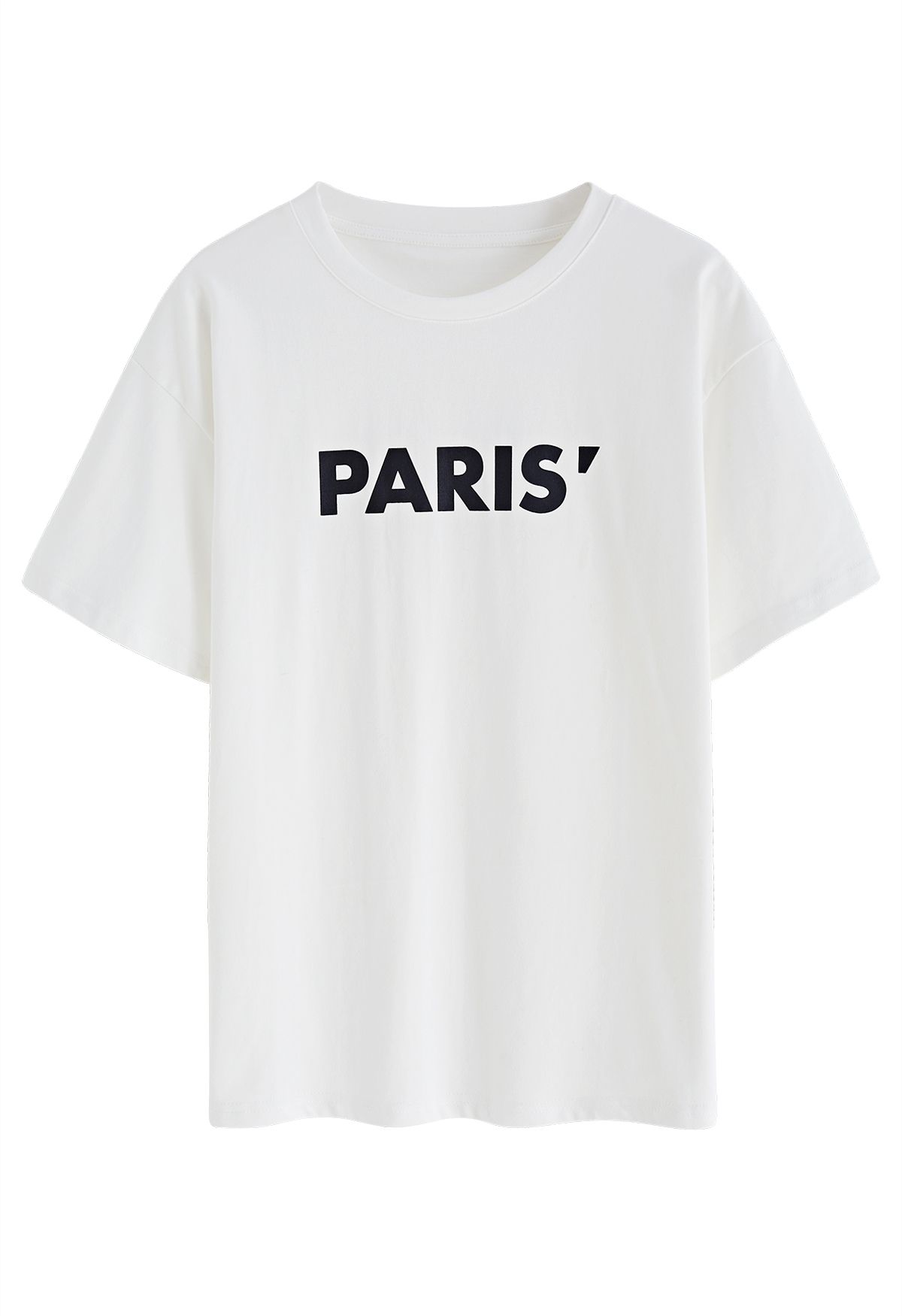 تي شيرت بياقة مستديرة وطبعة باريس باللون الأبيض