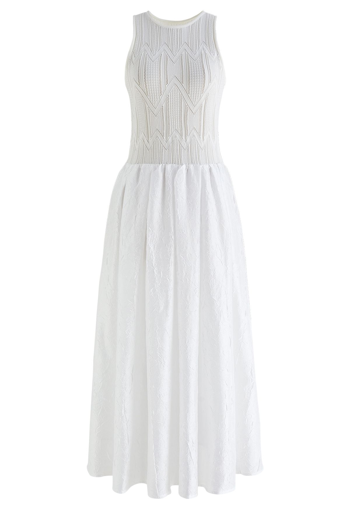 فستان بدون أكمام من نسيج الربط المحبوك باللون الأبيض