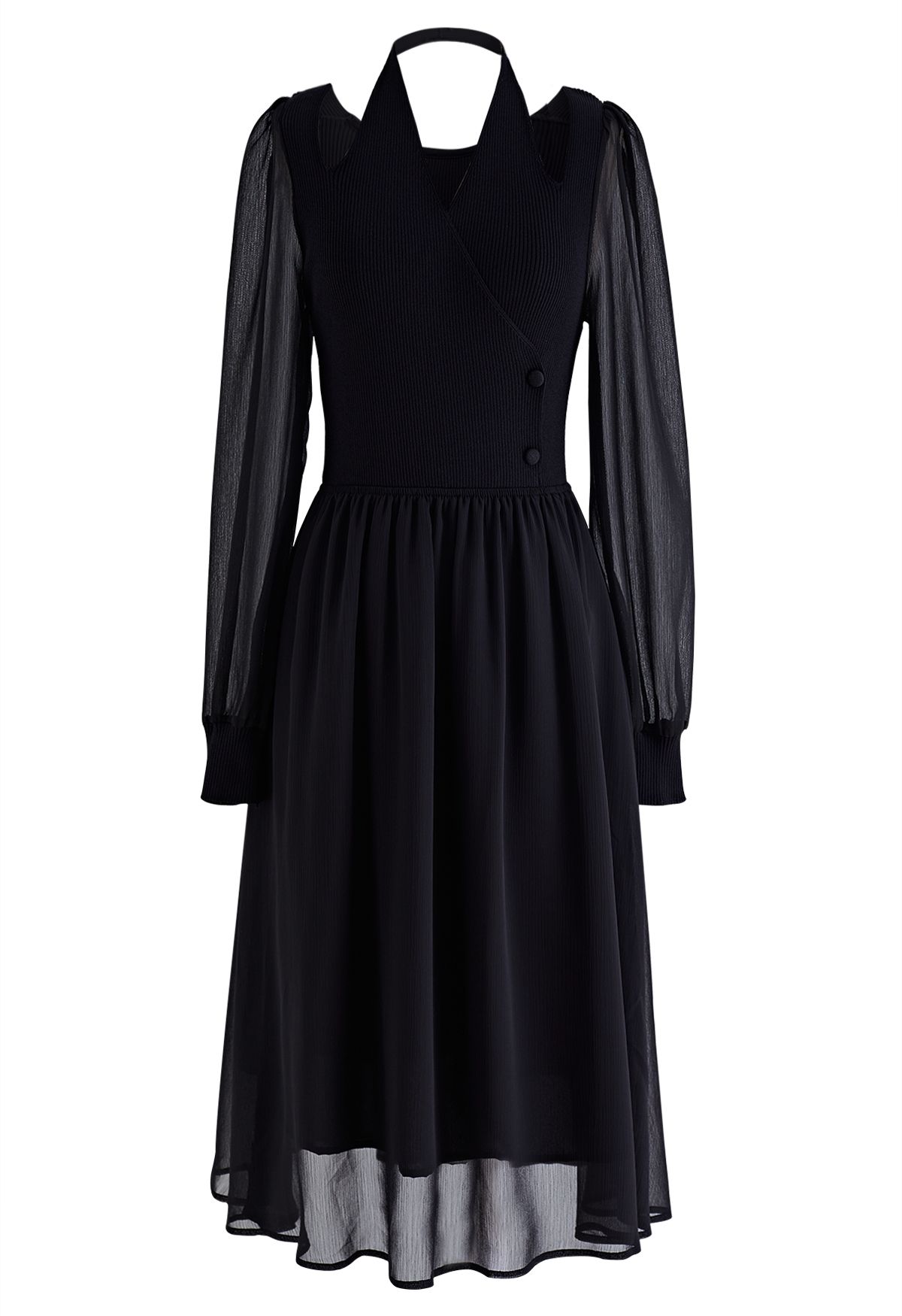 فستان شفاف متوسط الطول بياقة رسن متماسكة باللون الأسود