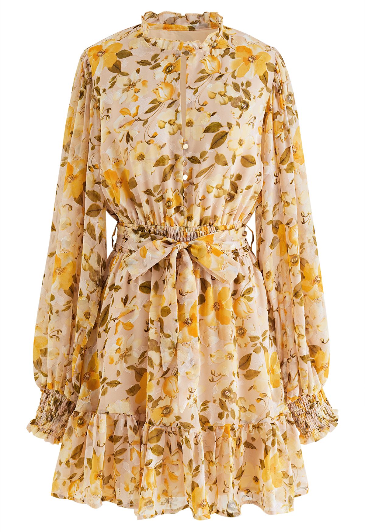فستان شيفون مزين بكشكشة من الجاكار بنقشة الزهور باللون الأصفر