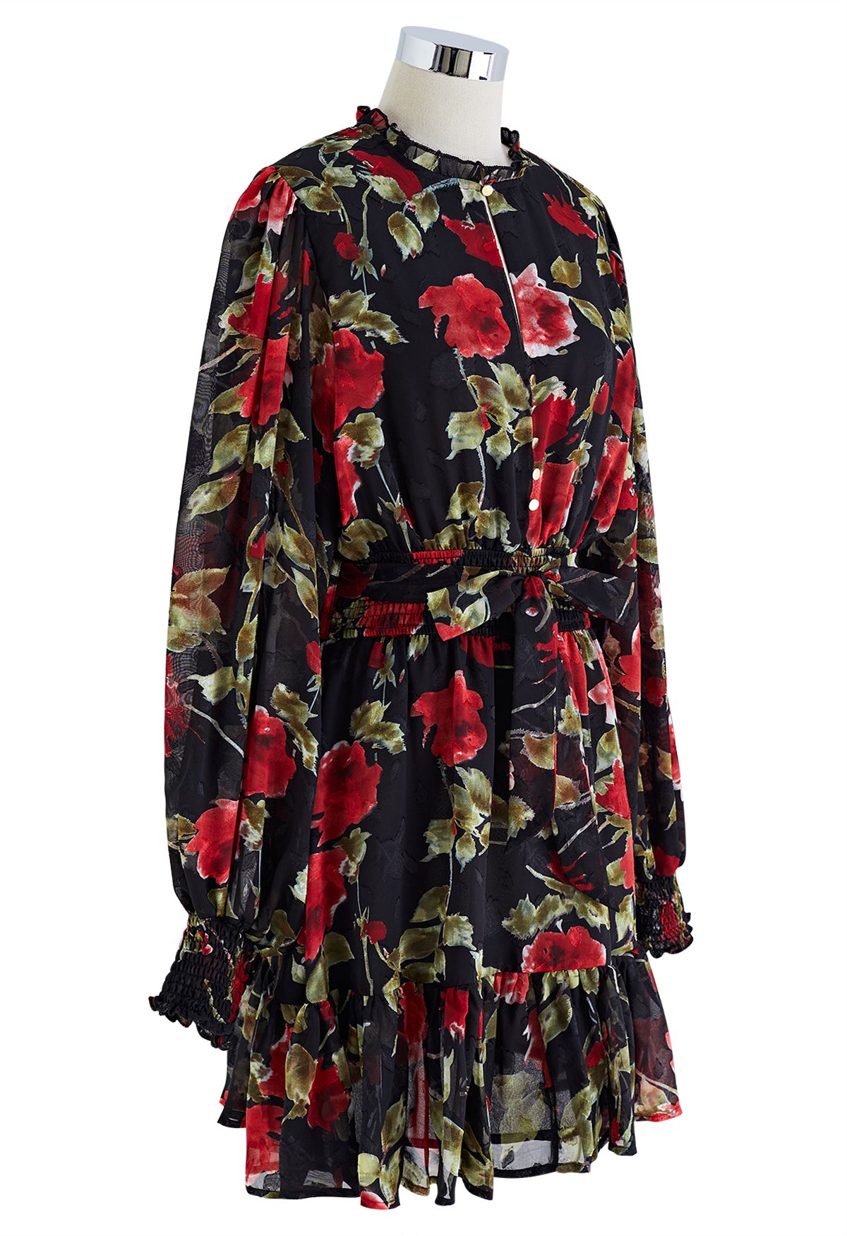 فستان شيفون جاكار مكشكش بنقشة الزهور باللون الأسود