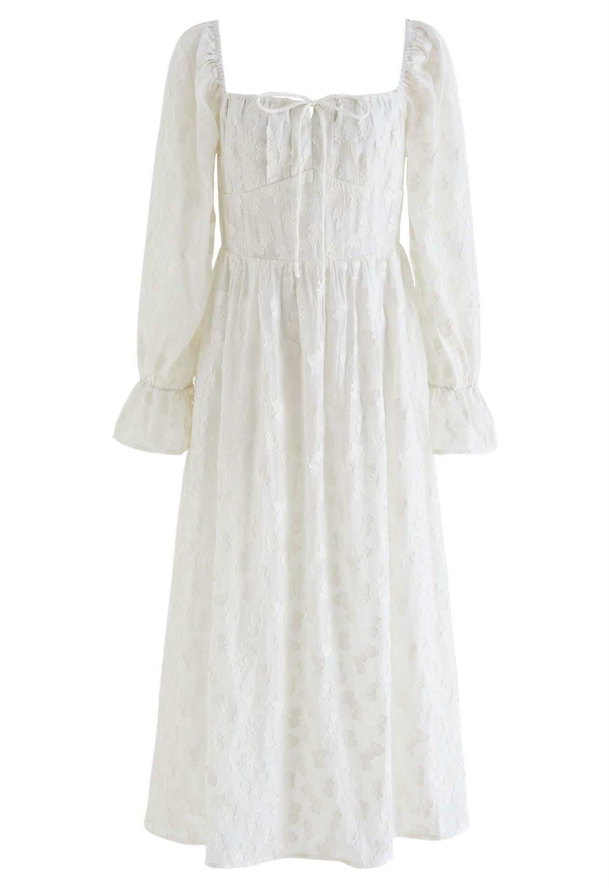 فستان ميدي جاكار سحابة بياقة مربعة باللون الأبيض