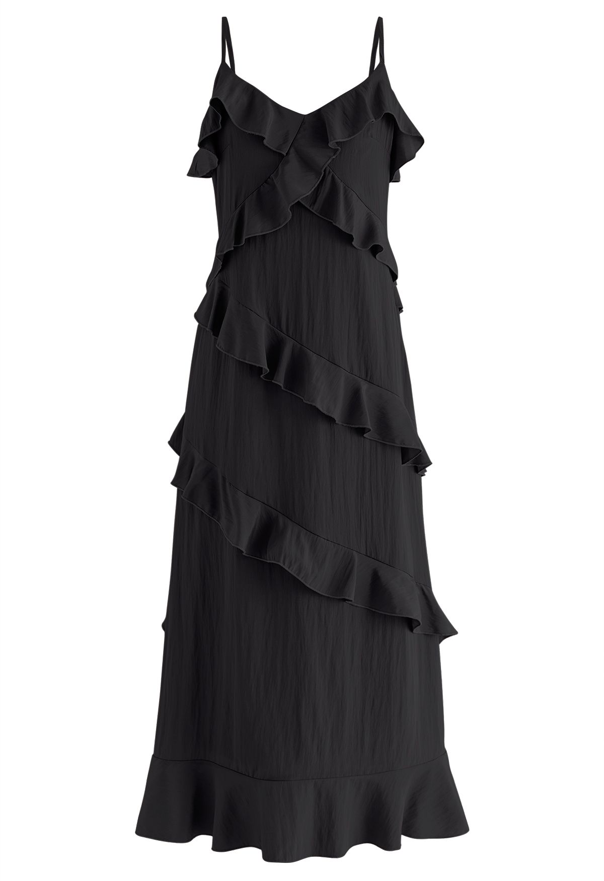 فستان كامي مكشكش متدرج بشق جانبي باللون الأسود